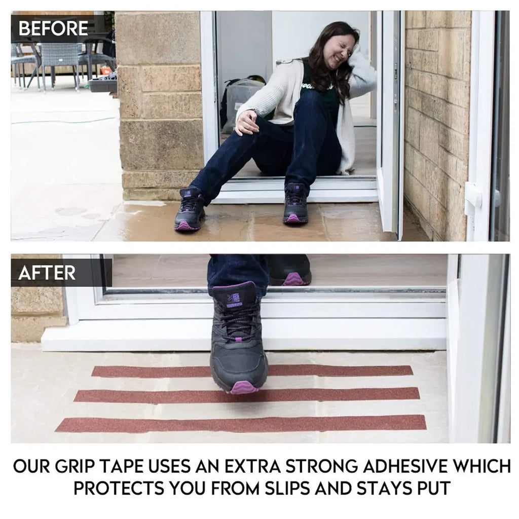 Brown anti-skid tape strips applied at a doorway to provide added surface traction