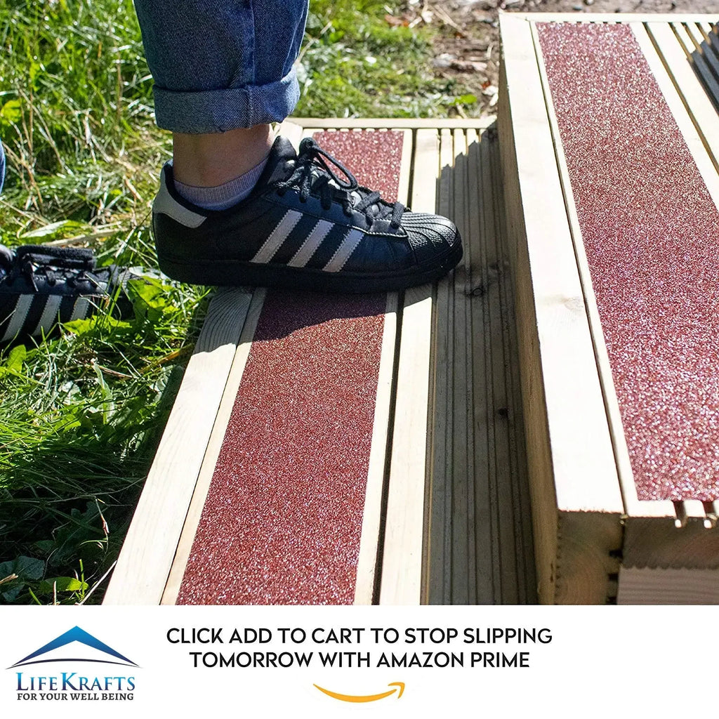 LifeKrafts brown anti-skid tape applied to outdoor wooden steps for added traction