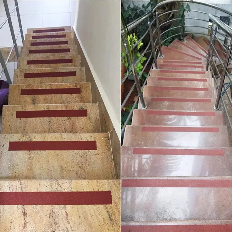 LifeKrafts brown anti-skid tape strips installed on indoor stair steps