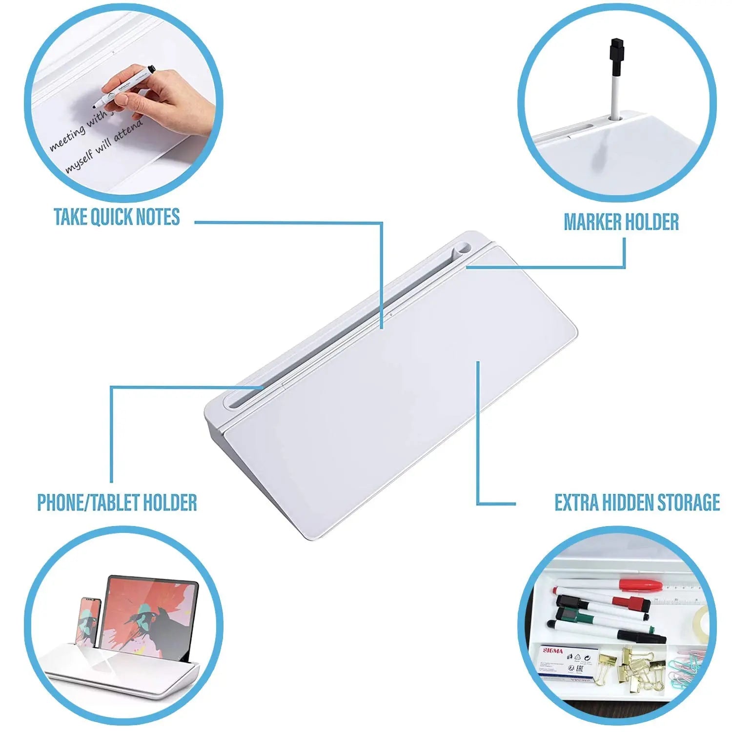 Glass Desktop Table Top Board, (18 x 6 inches) Non Magnetic White Board with bottom storage,non magnetic whiteboard LifeKrafts