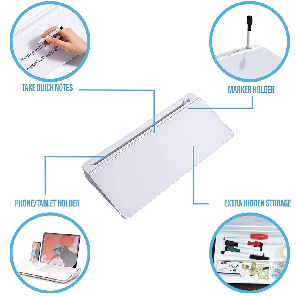 Glass desktop dry erase board with hidden storage marker holder and phone tablet stand