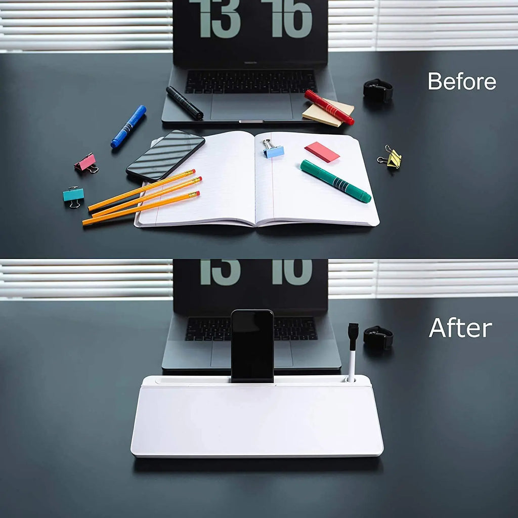 Glass desktop dry erase board with storage for organizing pens and office supplies