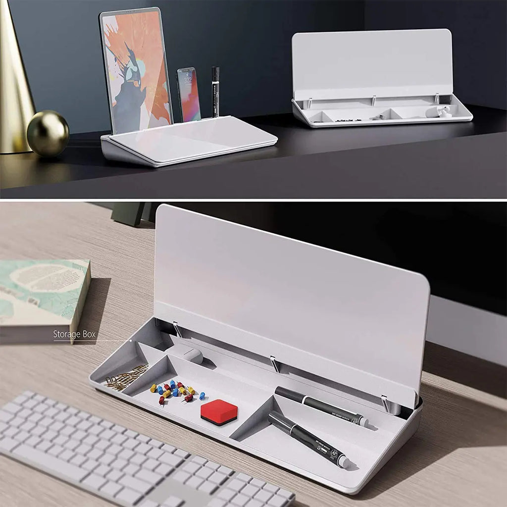 LifeKrafts glass desktop whiteboard with hidden storage compartments for desk supplies