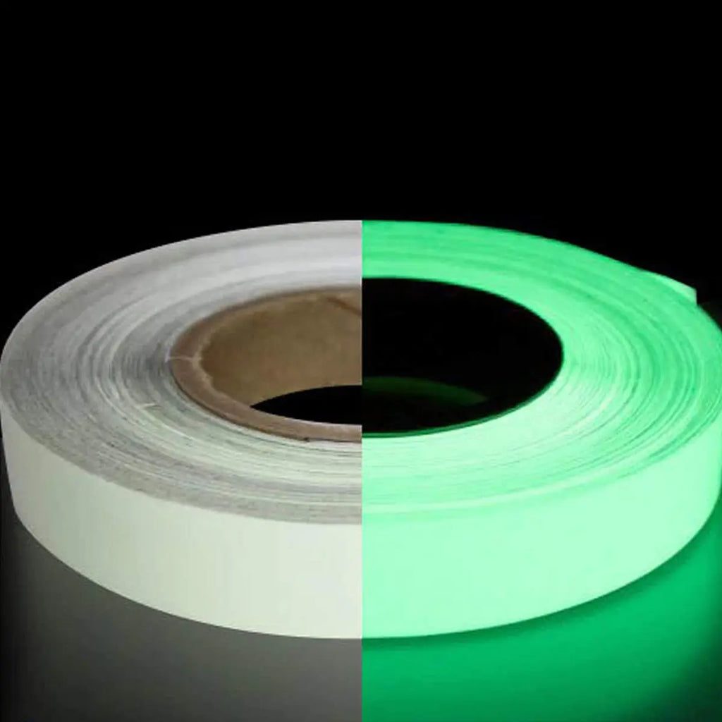 LifeKrafts 2 cm x 5 m photoluminescent glow-in-the-dark tape shown before and after glowing