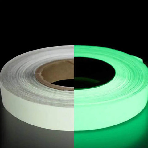 LifeKrafts 2 cm x 5 m photoluminescent glow-in-the-dark tape shown before and after glowing
