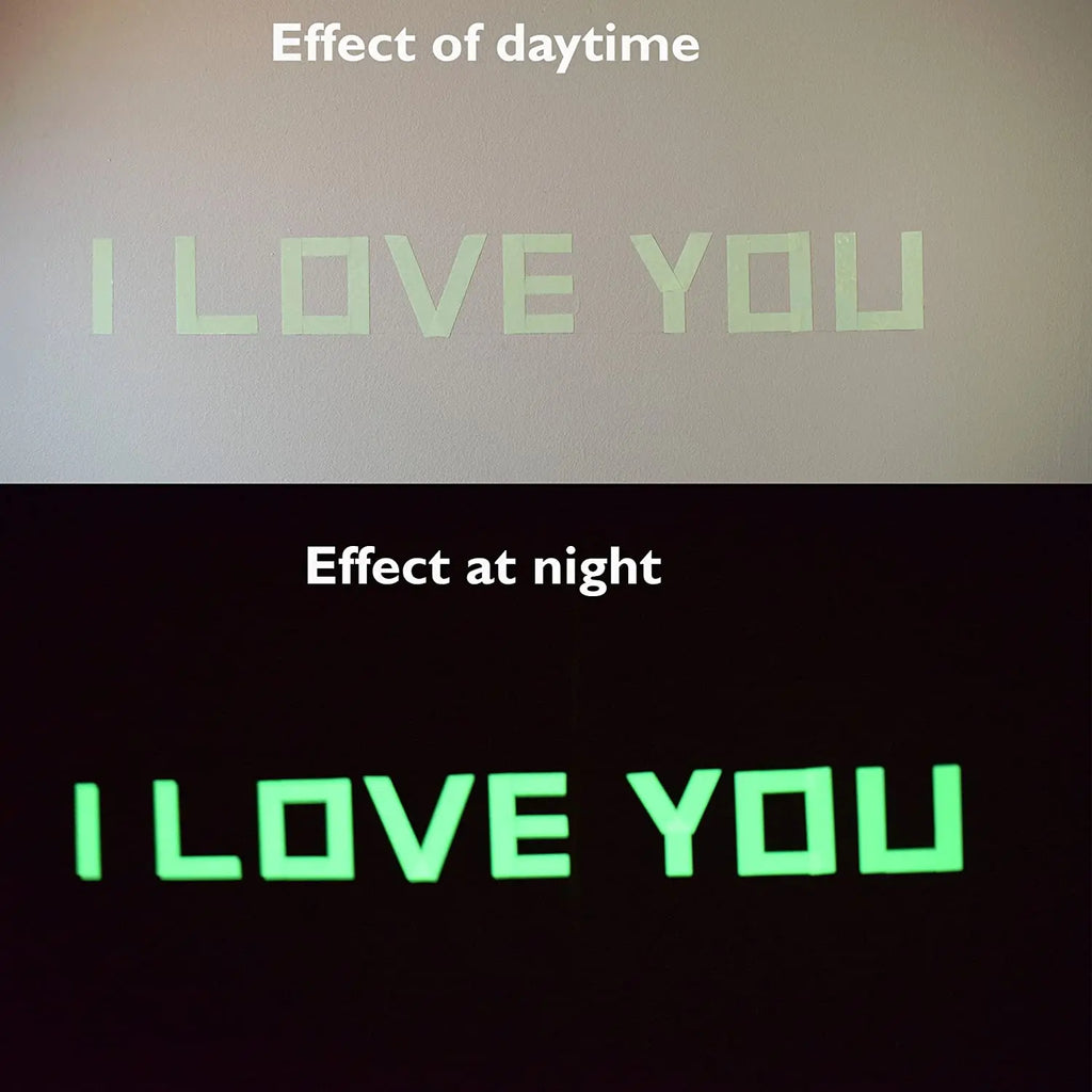 Photoluminescent tape cut into letters showing daytime and green glow-in-the-dark effect