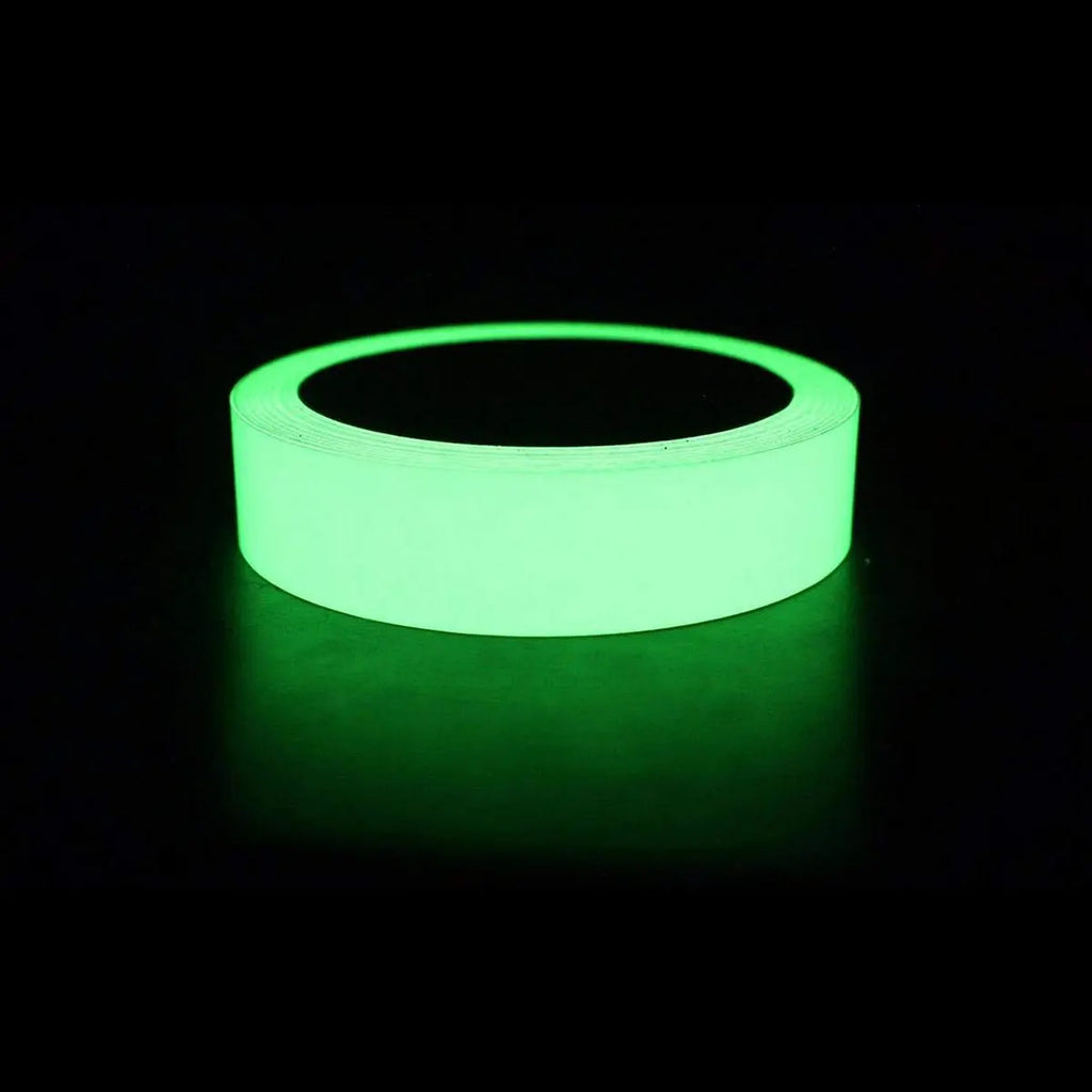 LifeKrafts photoluminescent tape roll glowing green in the dark