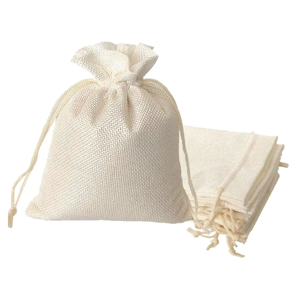 Cream jute linen drawstring pouches for functions, baby showers and return gifts