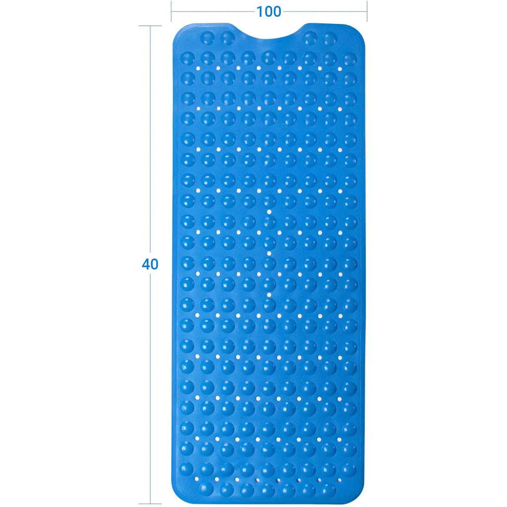 Soft pebble surface and drainage holes on blue anti-slip bath mat for shower use
