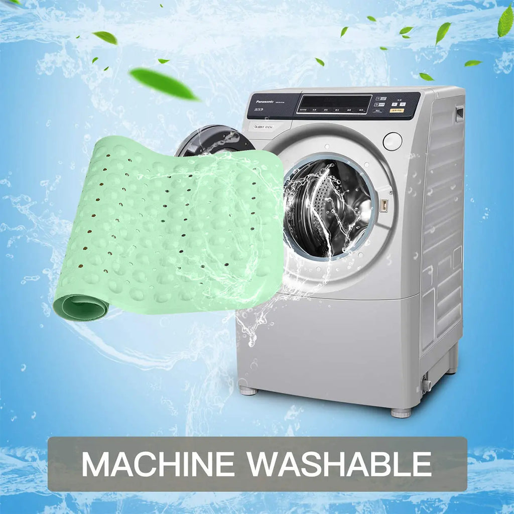 Machine washable green anti-slip bath mat for easy bathroom mat cleaning