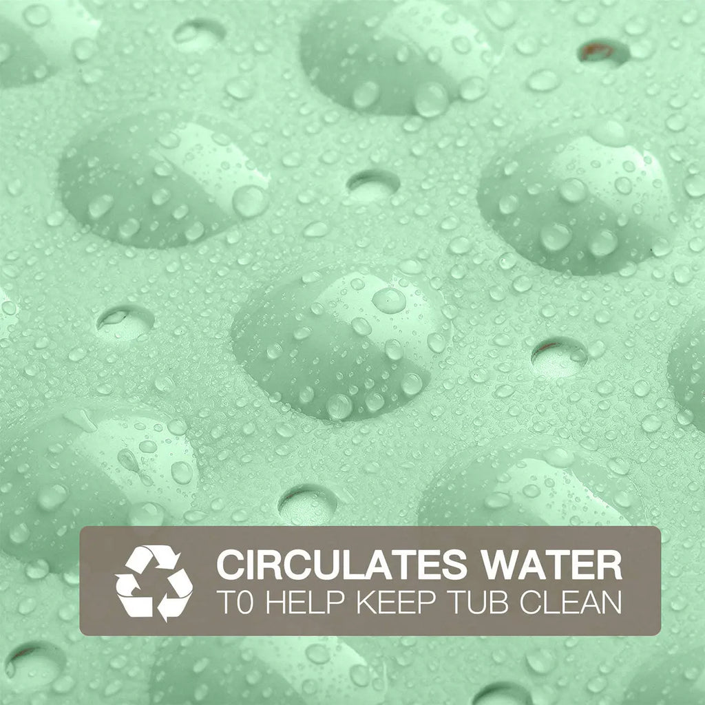 Drainage holes on green soft pebble bath mat designed to circulate water