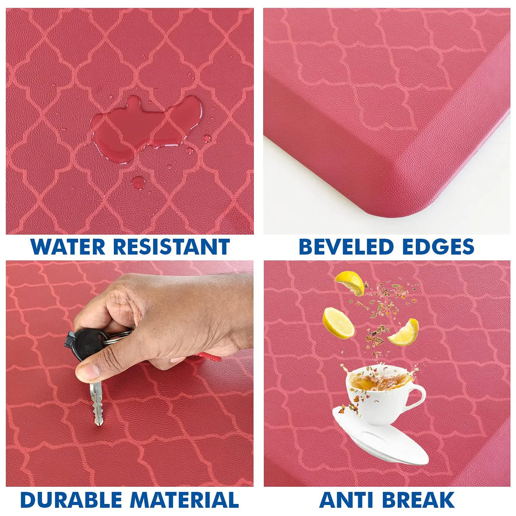 Red anti-fatigue floor mat showing water-resistant surface, beveled edges and durable construction