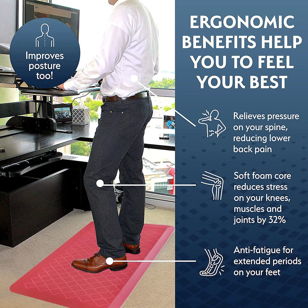 Red anti-fatigue standing desk mat providing a cushioned surface for prolonged standing at work