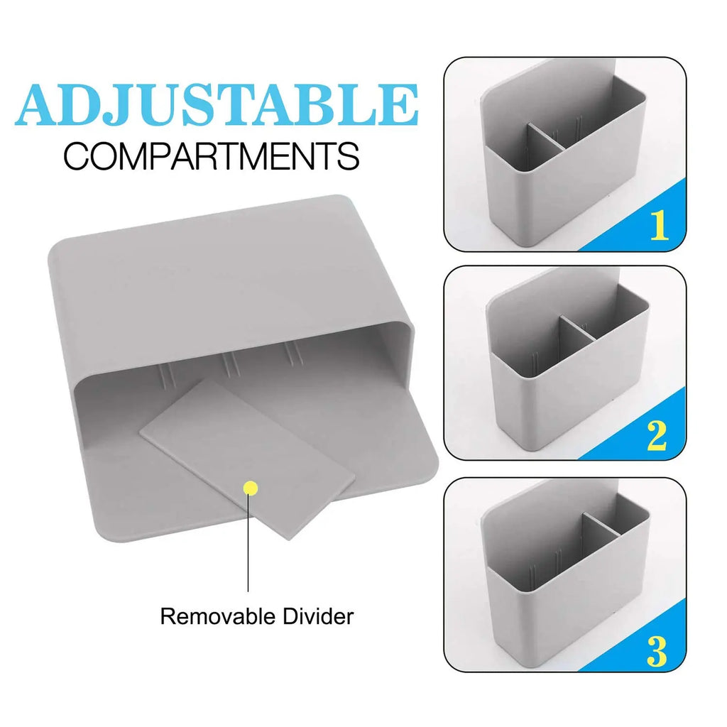 Grey magnetic pen holder with removable divider and adjustable compartments