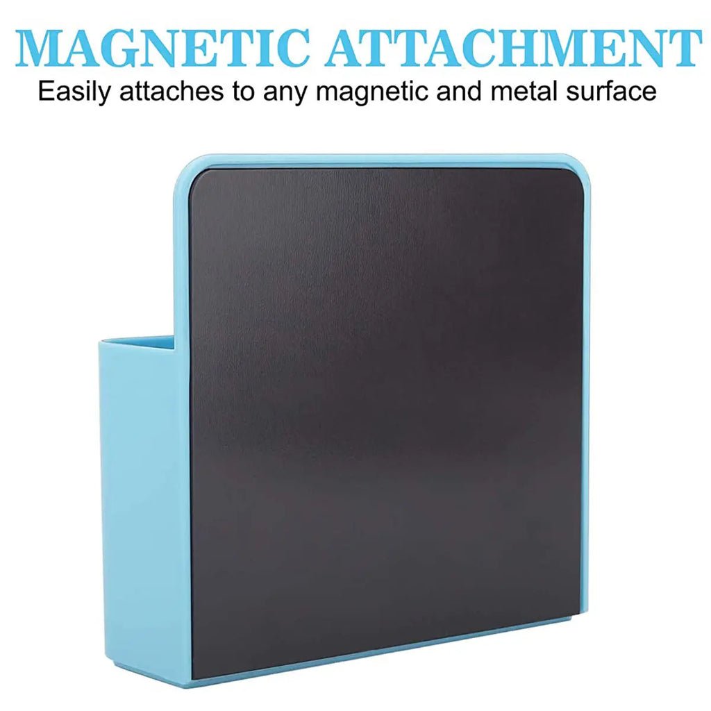 Blue magnetic marker holder showing full magnetic backing for attachment to metal surfaces