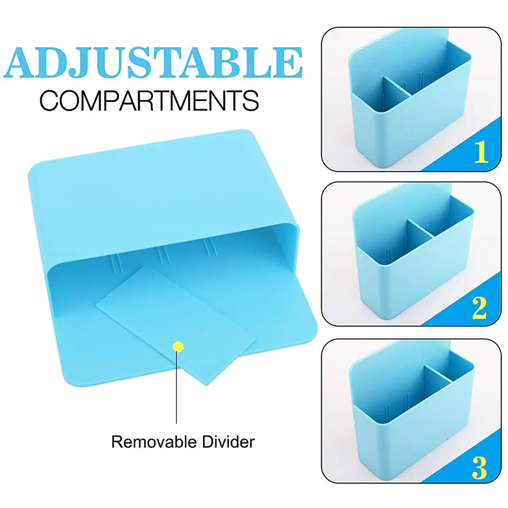 Blue magnetic marker holder with removable divider and adjustable storage compartments