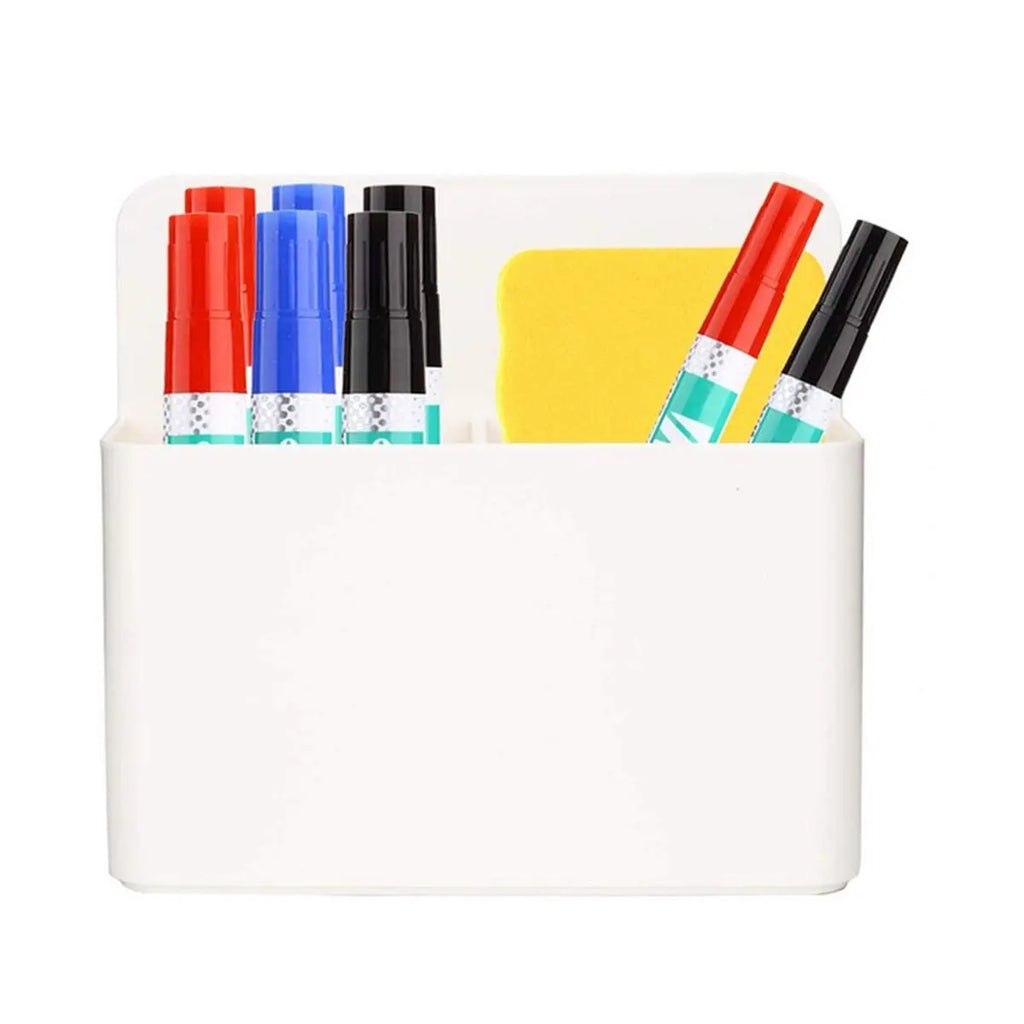 White magnetic marker holder for organizing dry erase markers pens and erasers