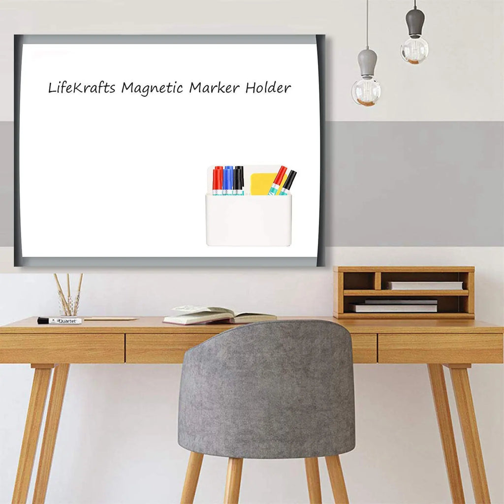 LifeKrafts white magnetic marker holder attached to a dry erase whiteboard