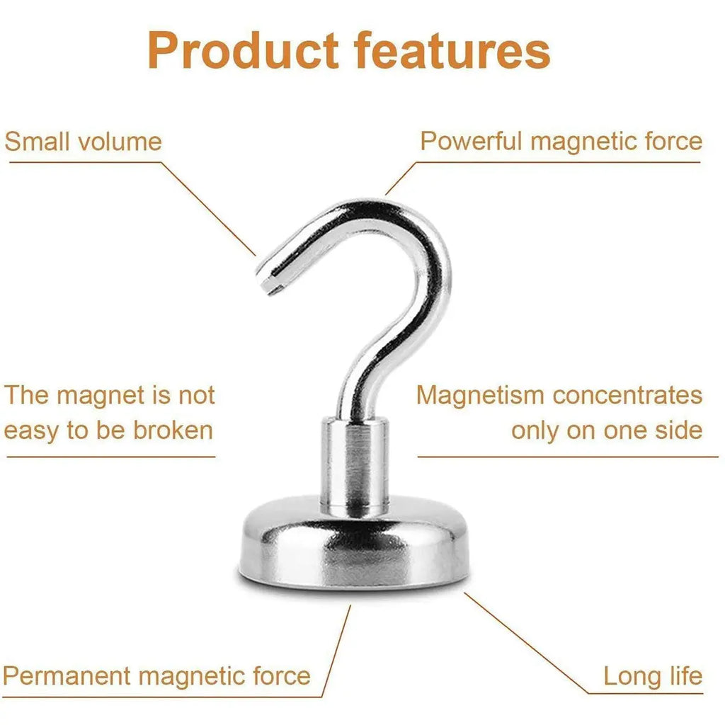 Silver neodymium magnetic hook with steel pot base showing permanent magnetic force features