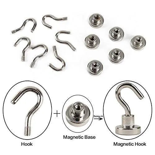 Silver magnetic hook showing detachable threaded hook and round magnetic base assembly
