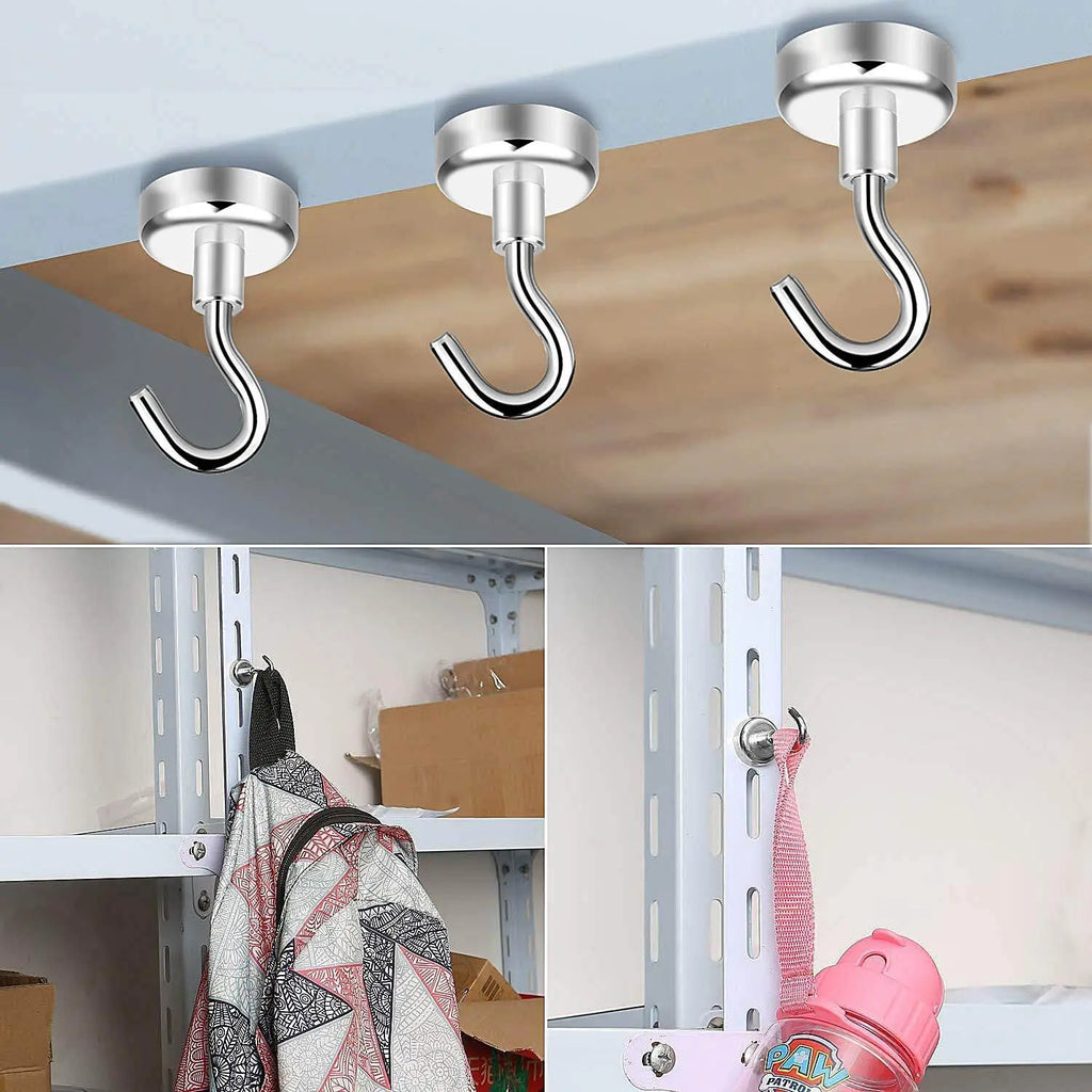 Silver magnetic hooks attached to metal surfaces for hanging and organizing items