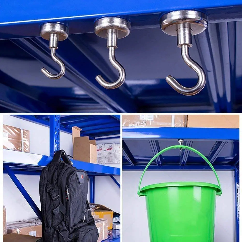 Magnetic hooks attached to steel shelving for hanging a backpack and storage bucket
