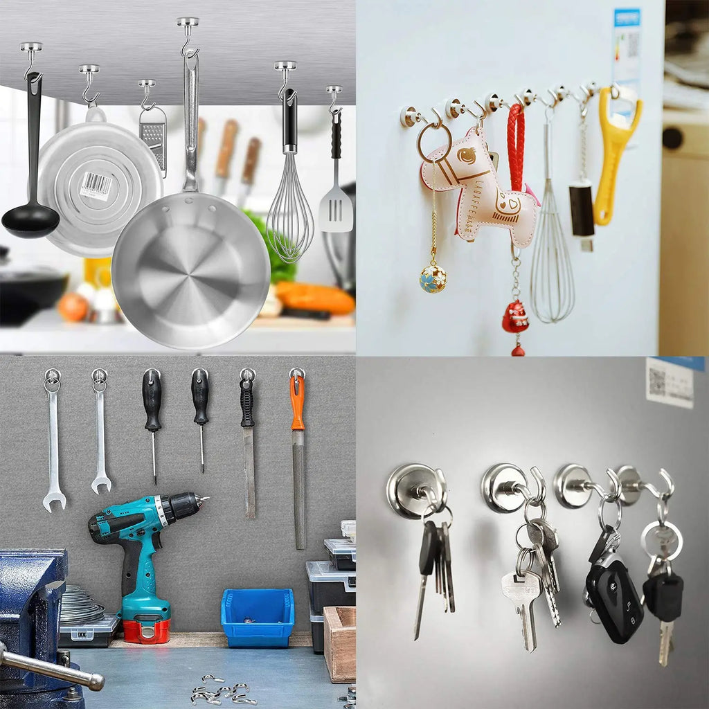 Multipurpose magnetic hooks for organizing kitchen utensils, keys and tools on metal surfaces