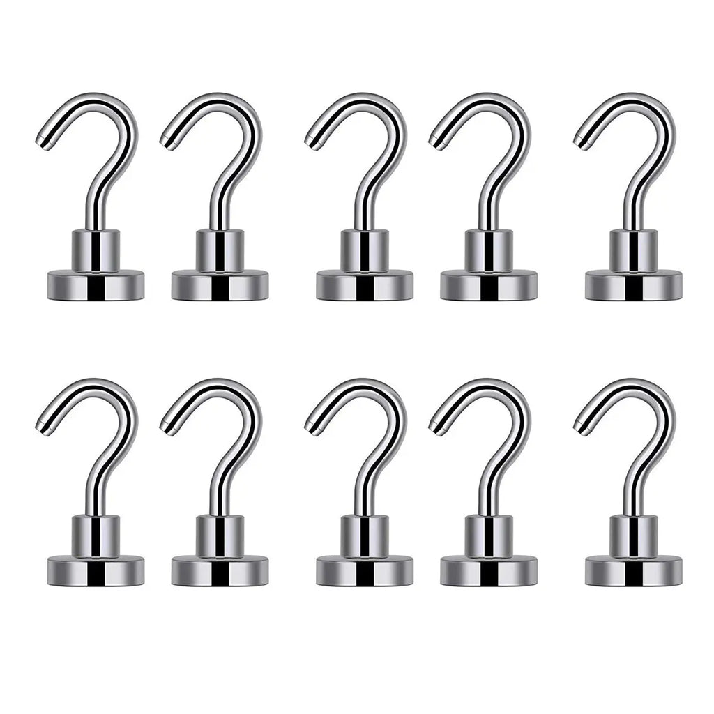 Pack of 10 silver magnetic hooks with round magnetic bases for metal surfaces