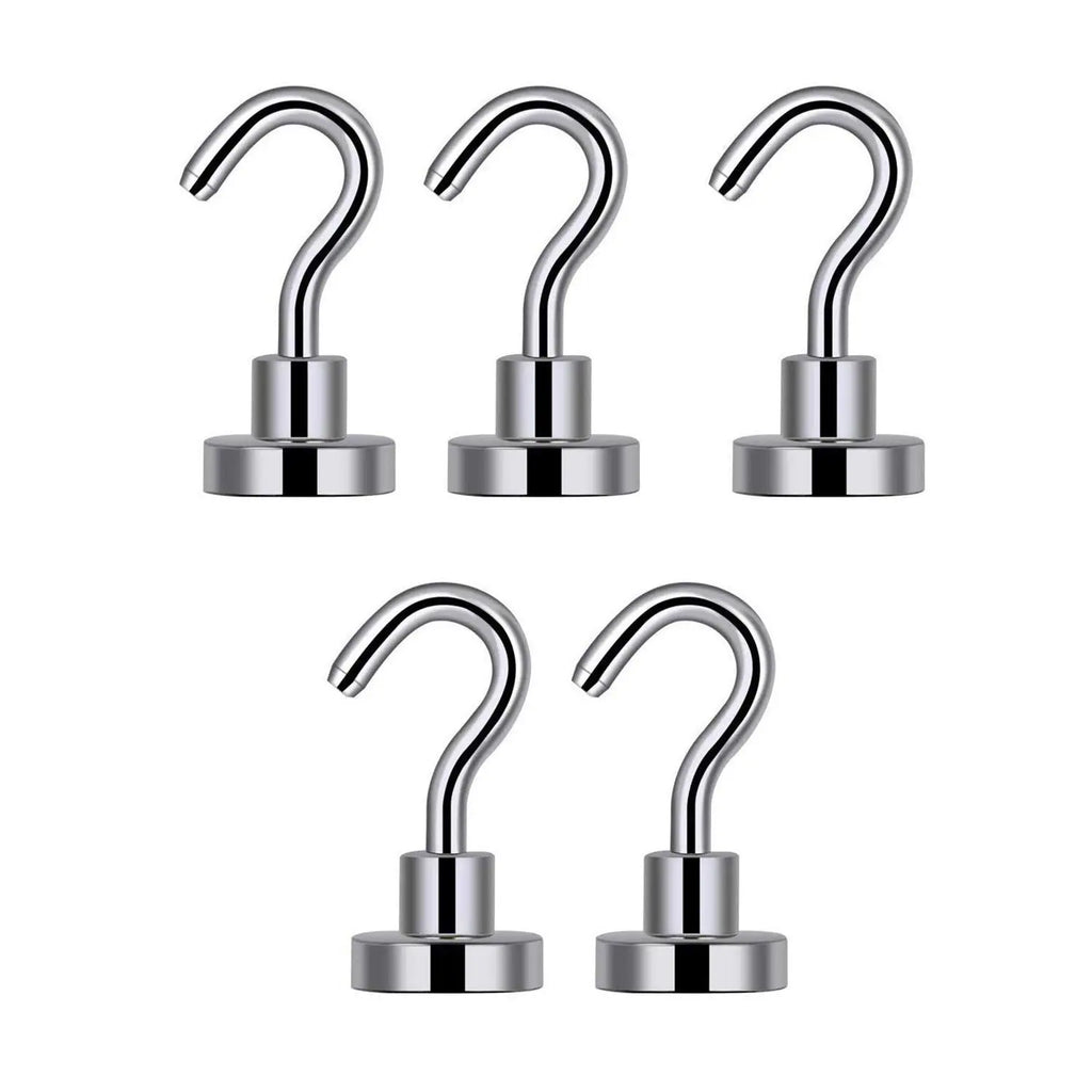 Pack of 5 silver magnetic hooks for hanging and organizing items on metal surfaces