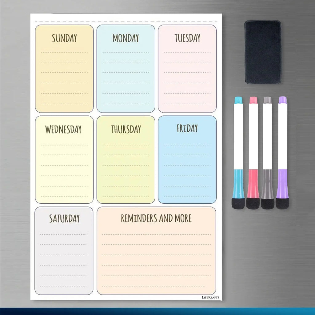 LifeKrafts magnetic dry erase weekly planner sheet with magnetic markers and eraser accessory set