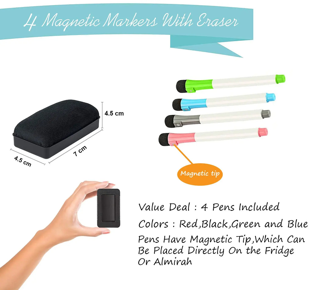 Four magnetic dry erase markers and eraser included with LifeKrafts magnetic weekly planner sheet