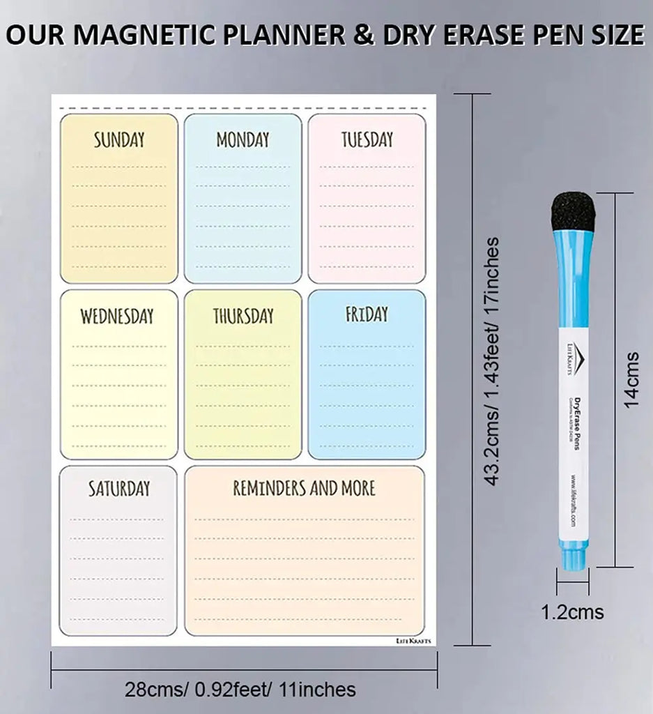 LifeKrafts magnetic dry erase weekly planner sheet dimensions with included marker size reference