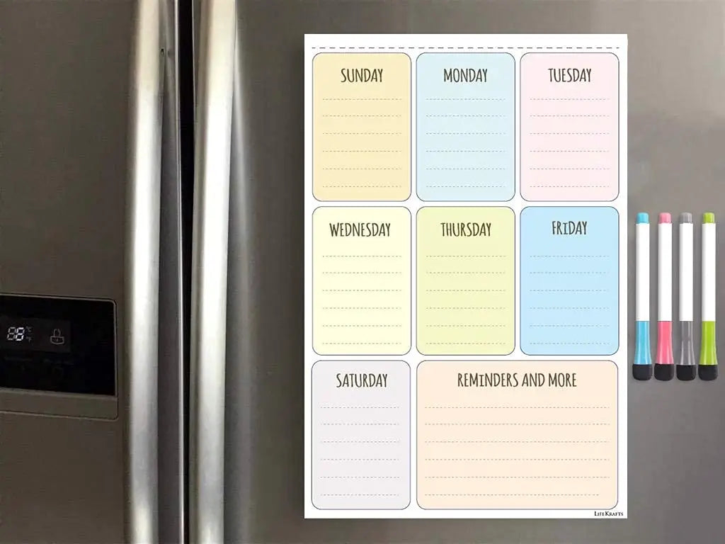 Magnetic dry erase weekly planner sheet on refrigerator with four magnetic markers for home organization