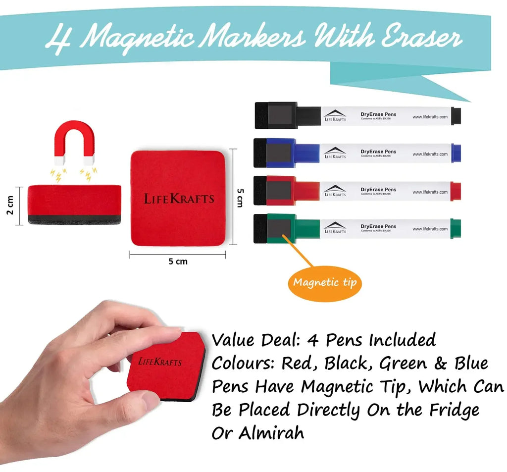 LifeKrafts Magnetic Dry Erase Planner Sheet Accessories with 4 Magnetic Marker Pens and Eraser