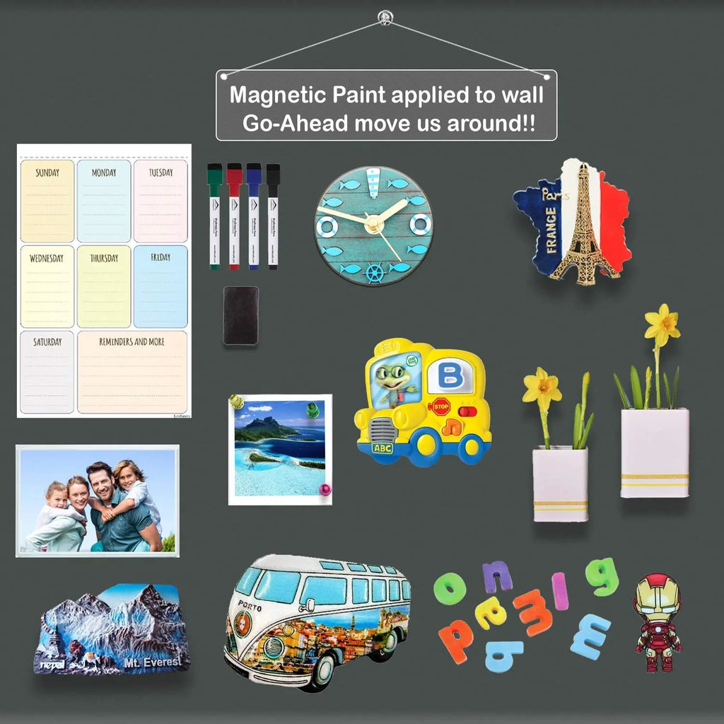 Magnetic receptive painted wall holding planners photos magnets and decorative items