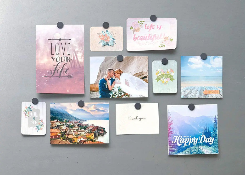 Finished magnetic receptive wall displaying photos and cards with round magnets