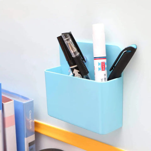 LifeKrafts blue magnetic dry erase marker holder with pens and markers on a metal surface
