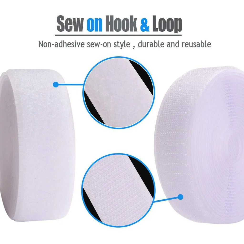White sew-on hook and loop tape rolls with reusable non-adhesive fastener surfaces