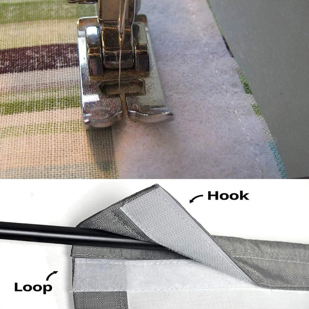 White non-adhesive hook and loop fastener tape being sewn onto fabric by machine