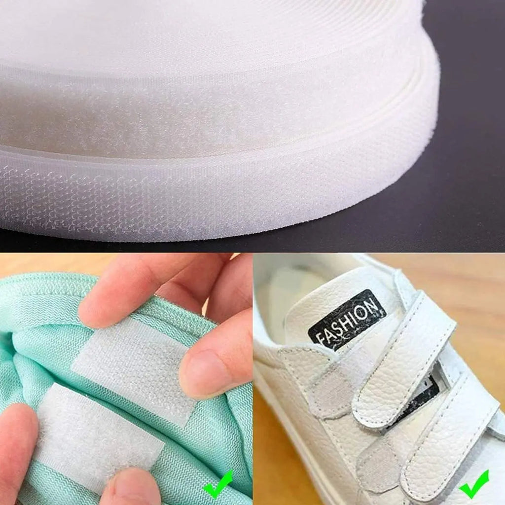 White sew-on hook and loop tape for reusable fastening on fabric and clothing