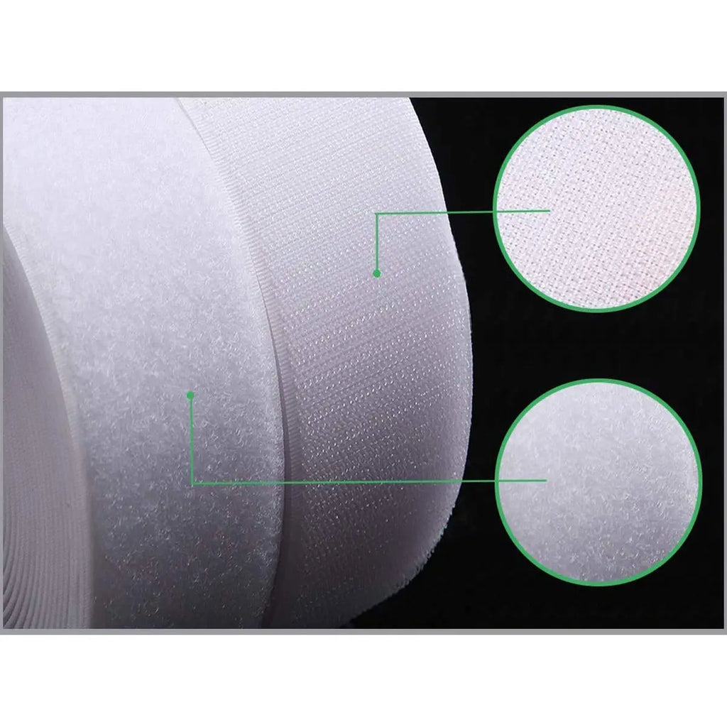 Close-up of white hook and loop tape showing textured hook and soft loop fastener surfaces