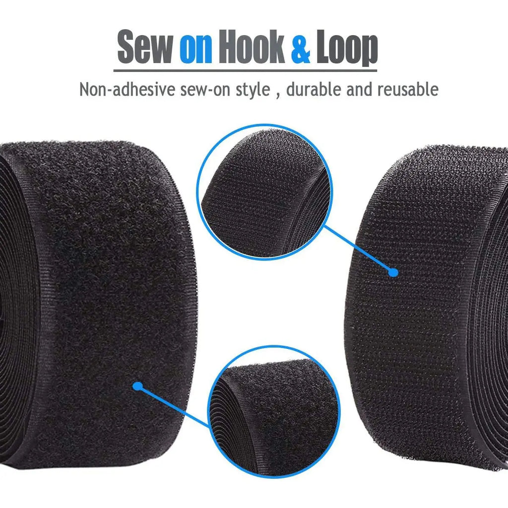 Black sew-on hook and loop tape showing textured hook and soft loop surfaces