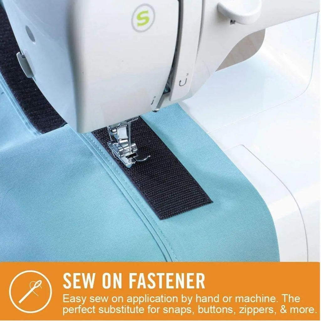 Black non-adhesive hook and loop fastener tape being sewn onto fabric by machine