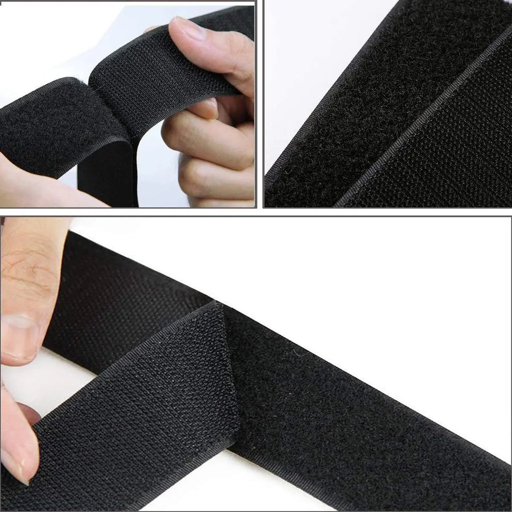 Close-up of black non-adhesive hook and loop tape joining for reusable fastening