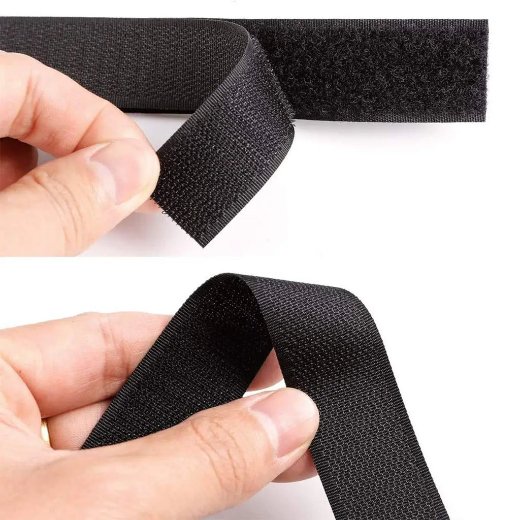 Flexible black non-adhesive hook and loop tape showing hook and loop fastening surfaces