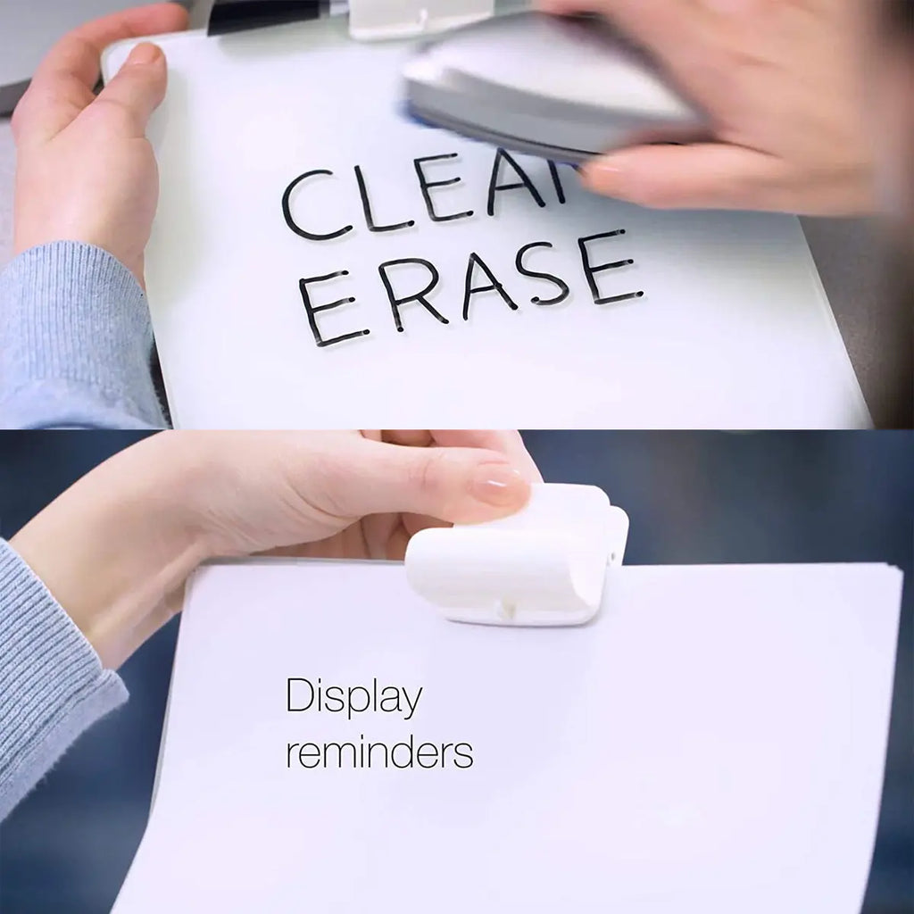 LifeKrafts glass dry erase board showing clean erase surface and removable reminder clip