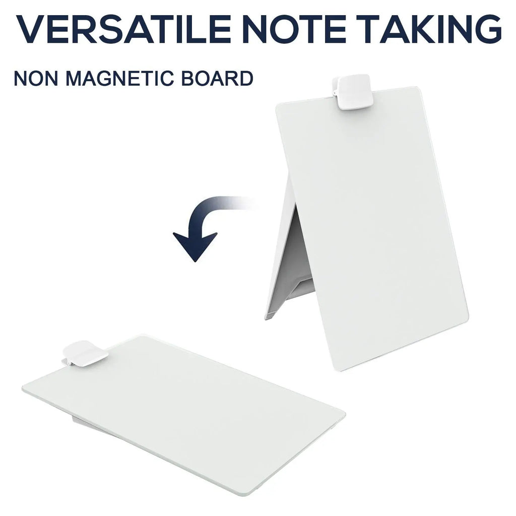 Non-magnetic glass dry erase easel board shown upright and flat for versatile note taking