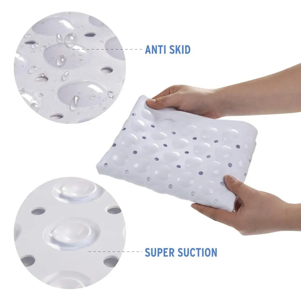 White non-skid bath mat showing drain holes and suction cups for shower floor grip