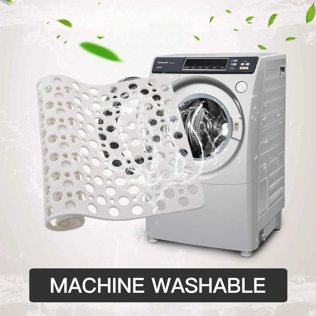 Machine washable white hole bath mat for easy bathroom mat cleaning and maintenance