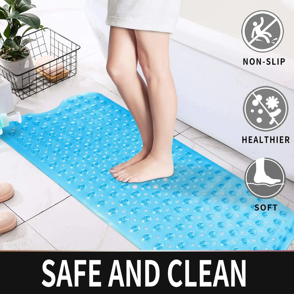 Transparent blue soft pebble bath mat with non-slip surface for bathroom floors